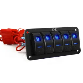 071-40a Fxc Pre-wired 5 Gang Rocker Switch Aluminum Panel With 40a Inline Fuse Blue