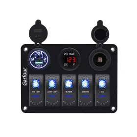 L5a3 Garfour 5 Gang Waterproof Boat Switch Panel Marine Rocker With 12v Blue