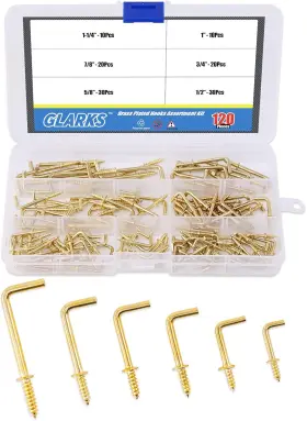 Gllafg-3 Glarks 120-pieces 6 Size Brass Plated Square Hooks Lag Thread Handy Gold