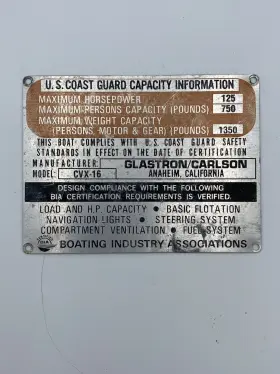 Gbp000542 Glastron Vintage Capacity Plate For Carlson Cvx-16 Boat Bia 4 Inch X 3