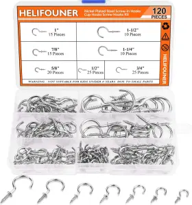 Helifouner 659499073356 120 Pieces 7 Sizes Cup Screw Hooks Silver Screw-in Kit