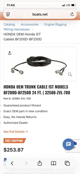 Bf200d-bf250d Honda 32580-zvl-700 Oem Trunk Cables Ist Models 24ft
