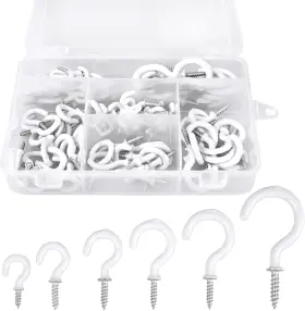 Romeda 727380269222 90 Pcs White Ceiling Hooks Kit 6 Sizes Vinyl Coated Screw-in